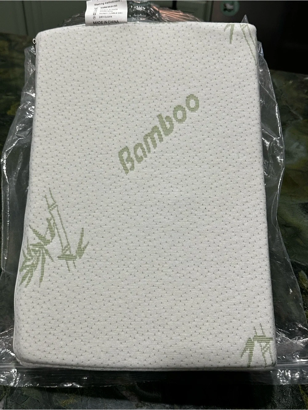 BAMBOO White Memory Foam Contour Pillow with Light Green Bamboo Print